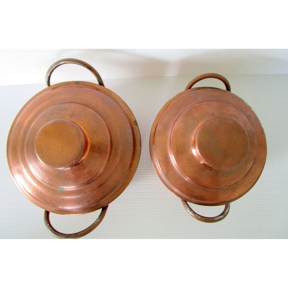 Set of 2 Vintage Copper Little Pots with Unique Lids Double Handles Tin Lined